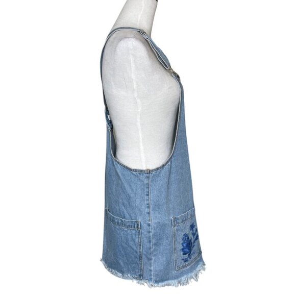 Forever 21 Women's Embroidered Floral Blue Denim Skirt Overall Pockets Sz Large - Picture 5 of 9